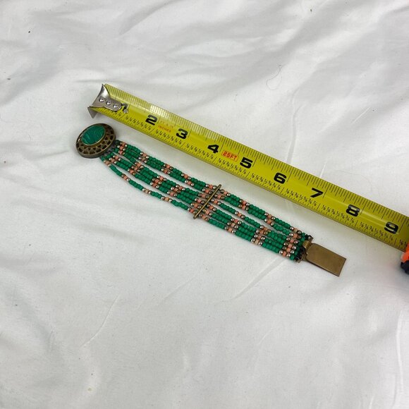 Vintage Multi-Strand Beaded Bracelet With Green Cabochon & Brass Accents Ethnic - Picture 9 of 9